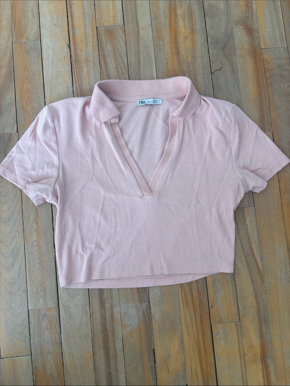 Zara Blush Pink Ribbed Cropped Polo V-Neck Top